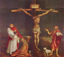 Mathis Gothart Grünewald: Isenheimer Altar, ehemals Hauptaltar des Antoniterklosters in Isenheim/Elsaß, Werktagsseite, Mittelbild: Kreuzigung Christi 